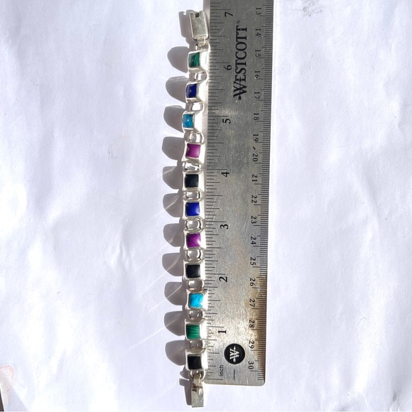 Vintage Mexico Sterling Silver Multi-Colored Gemstones Square Panels Bracelet - Picture 6 of 10